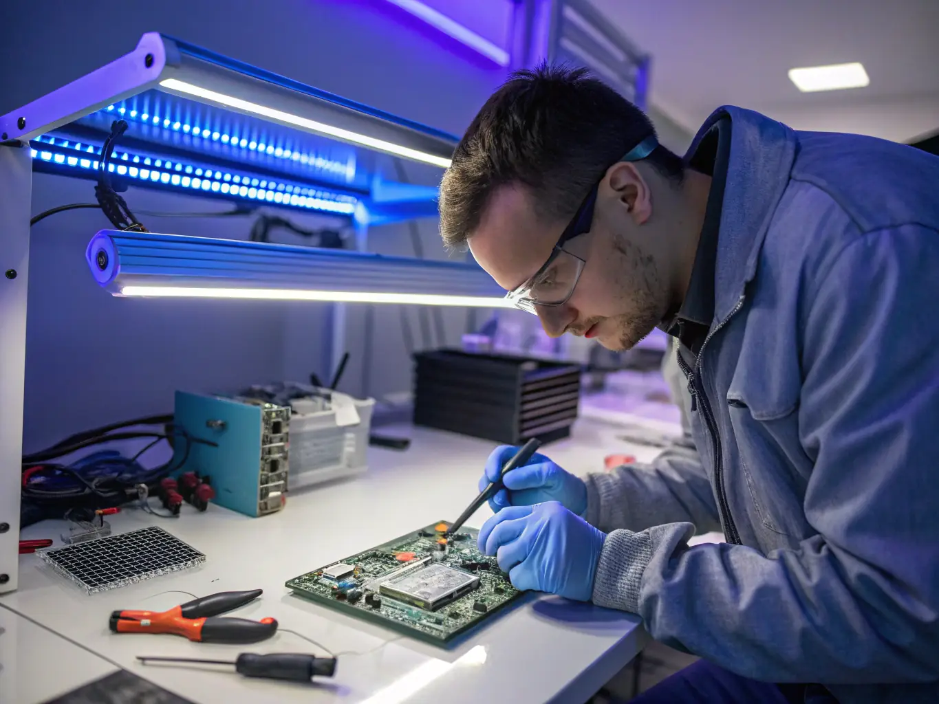 A professional reviewer meticulously examining the internal components of a high-end laptop in a well-lit, organized lab environment, emphasizing the depth of technical analysis.