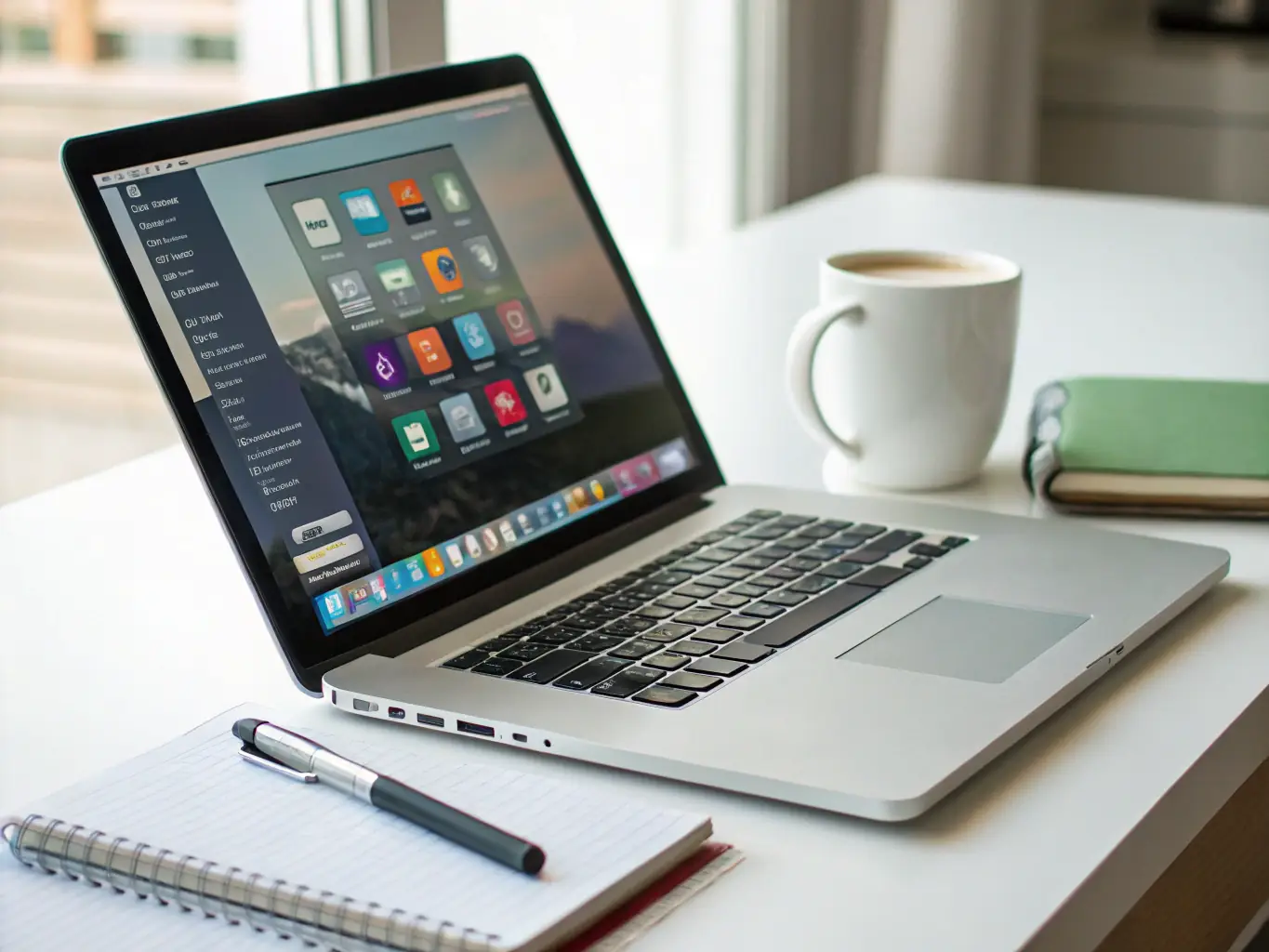 A high-angle shot of a sleek, modern laptop on a wooden desk with a cup of coffee and a notebook, suggesting a productive and informed work environment.