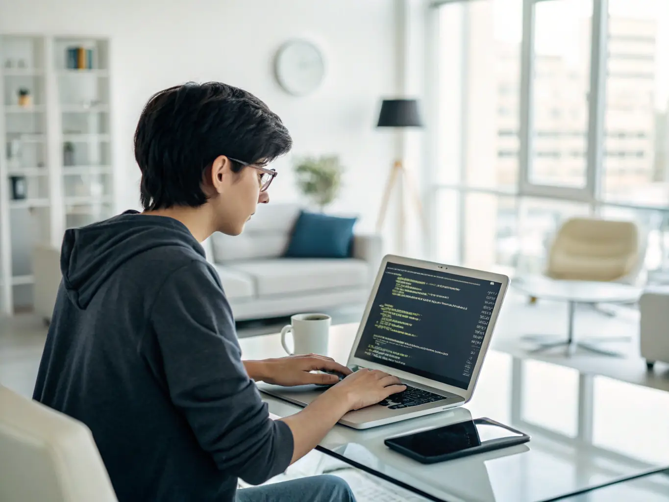 A person thoughtfully comparing two different laptops side by side in a modern office setting, with charts and notes indicating key differences and considerations.