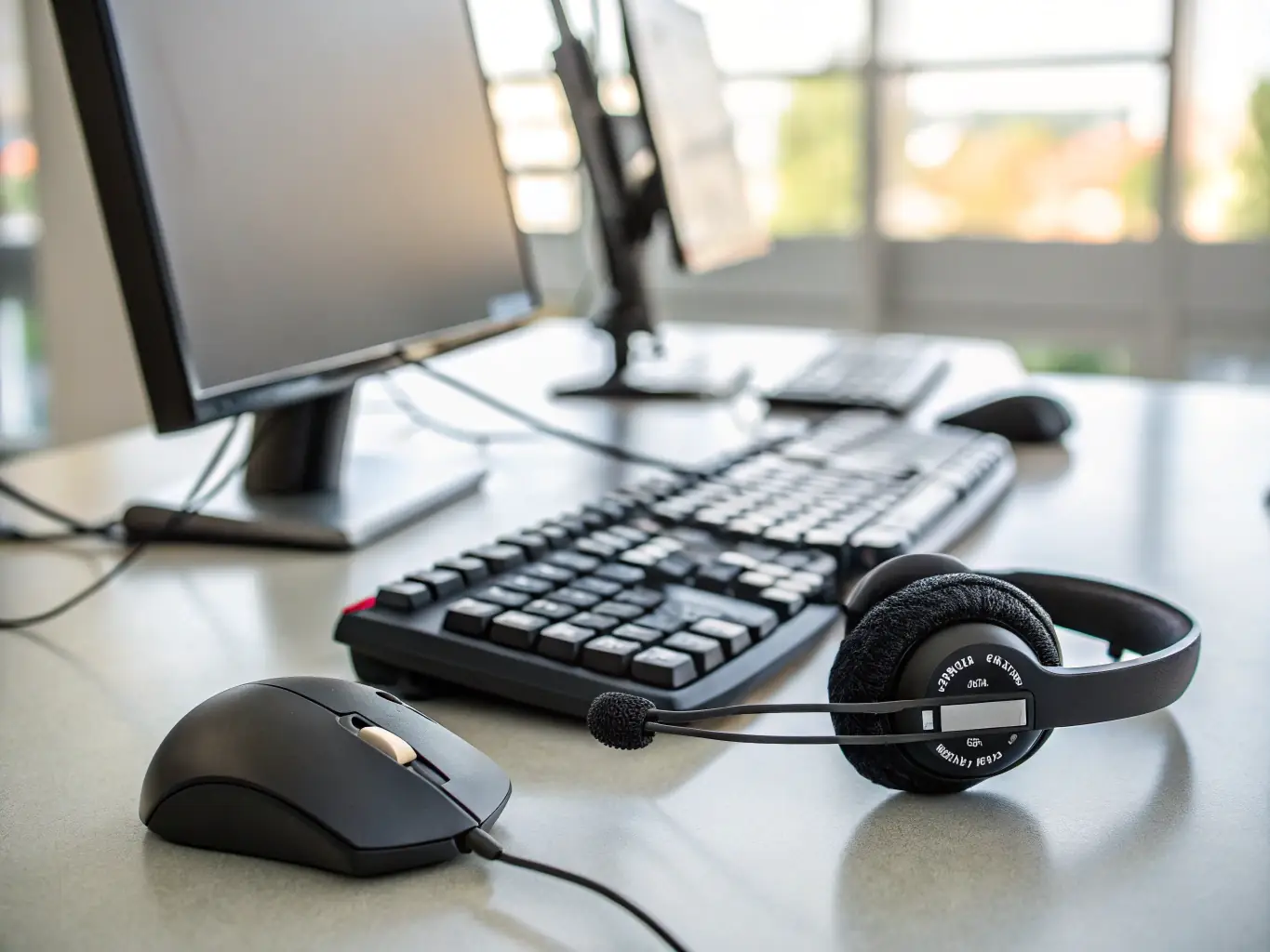 A close-up of various tech accessories such as headphones, a wireless mouse, and a keyboard, neatly arranged on a desk, highlighting their functionality and style.