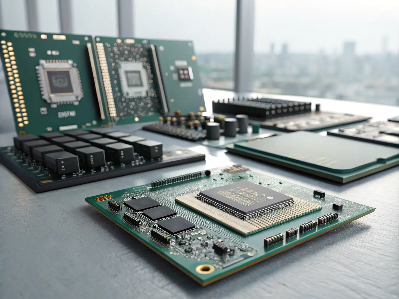 An image of various computer hardware components such as a graphics card, motherboard, and CPU, arranged to showcase the complexity and power of modern technology.